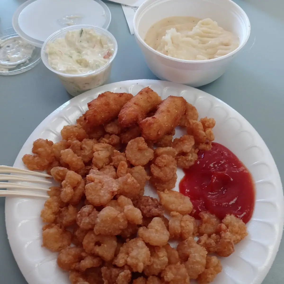 Shrimp Special with Mashed Potatoes and Coleslaw