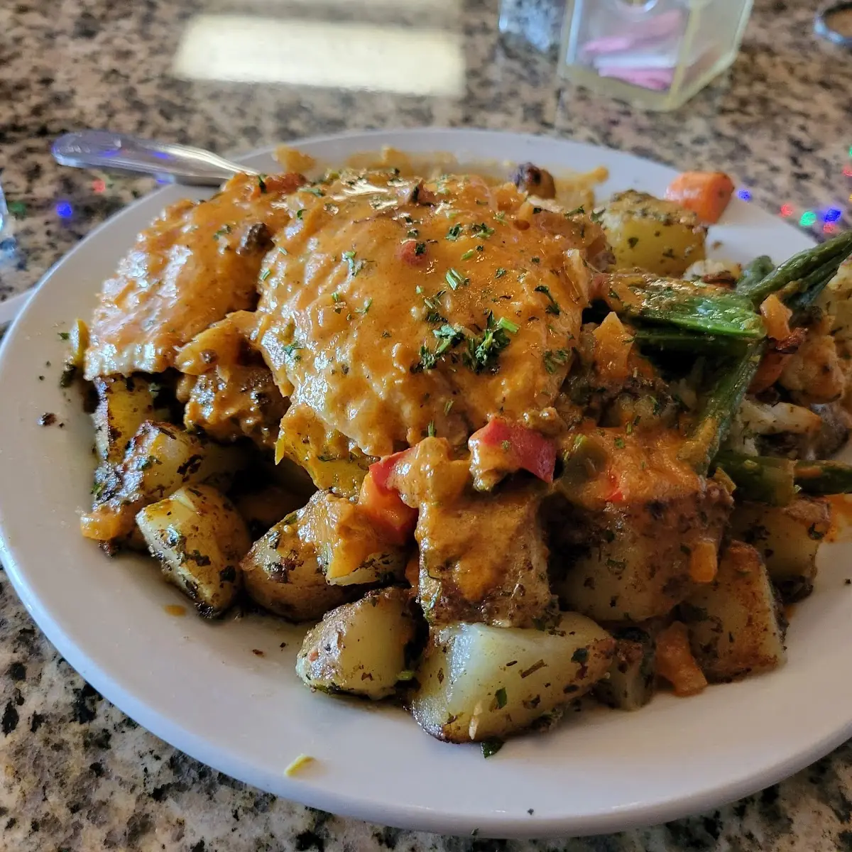 Snapperwith Creole Sauce Sauteed Veggie and Sautéed Potatoes
