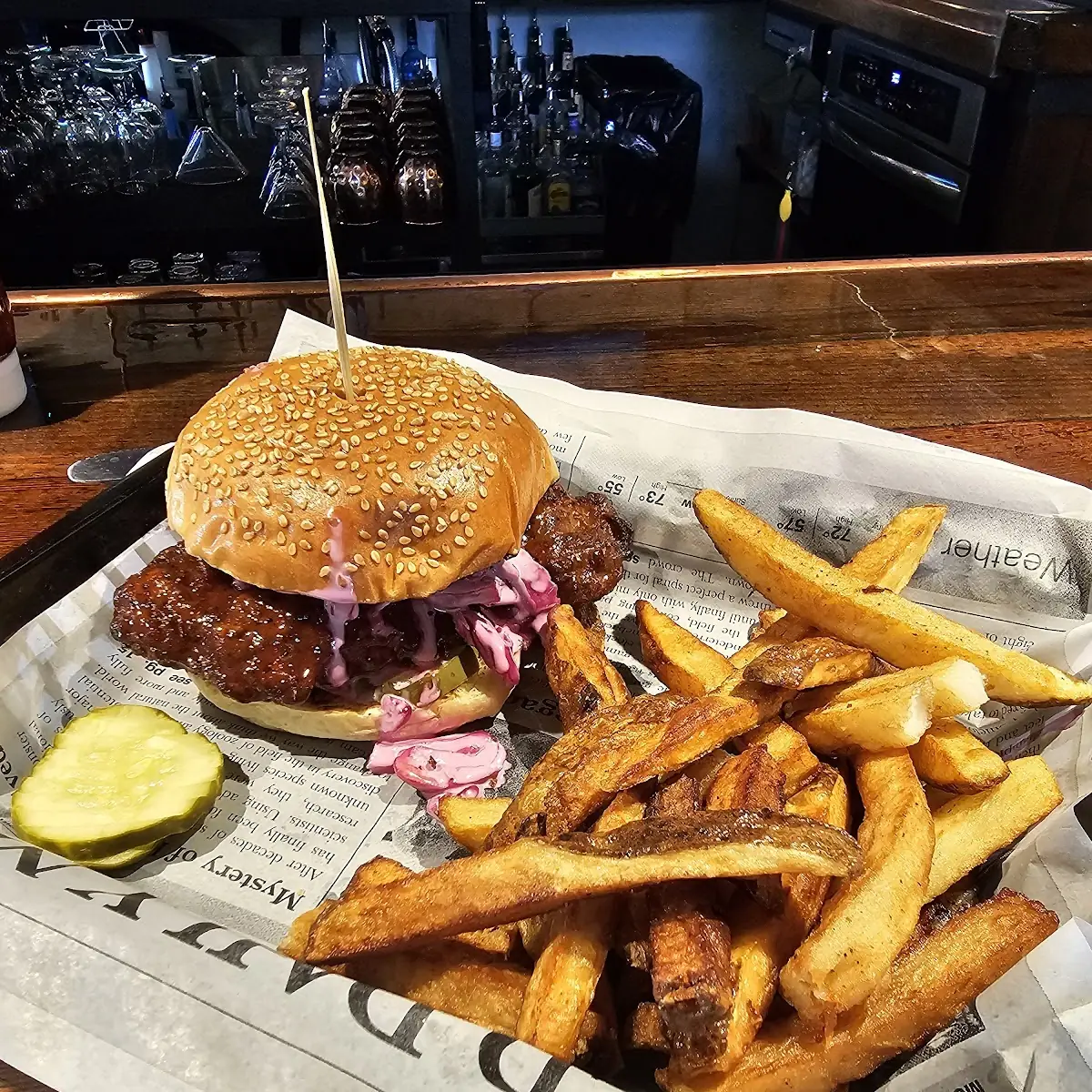 Grilled Chicken Sandwich and Fries with Beer