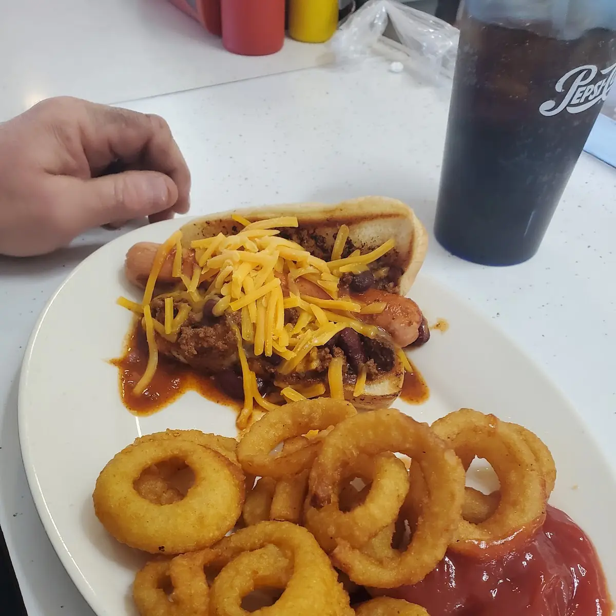 Onion Rings and Chili Dog