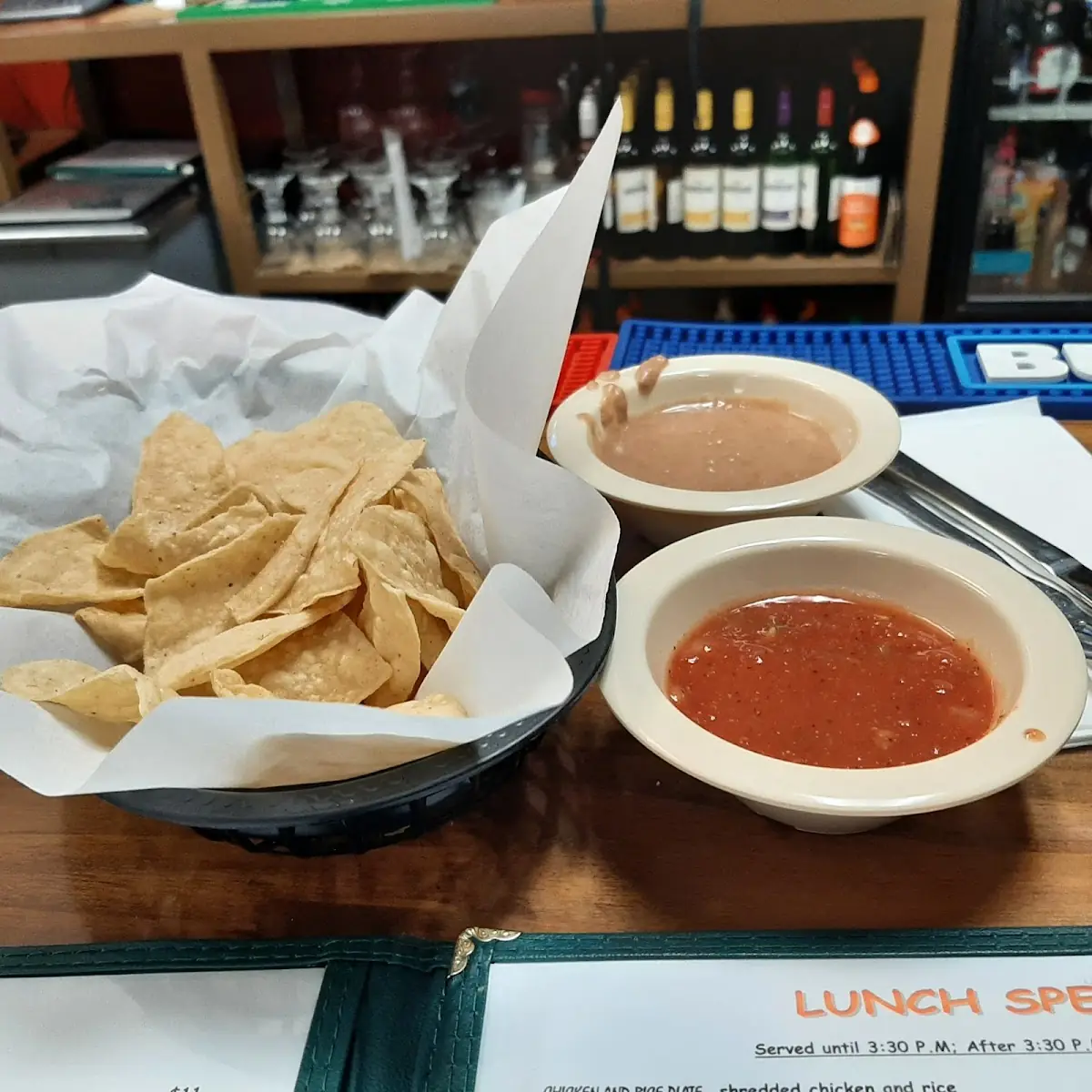 Chips Salsa and Bean Dip