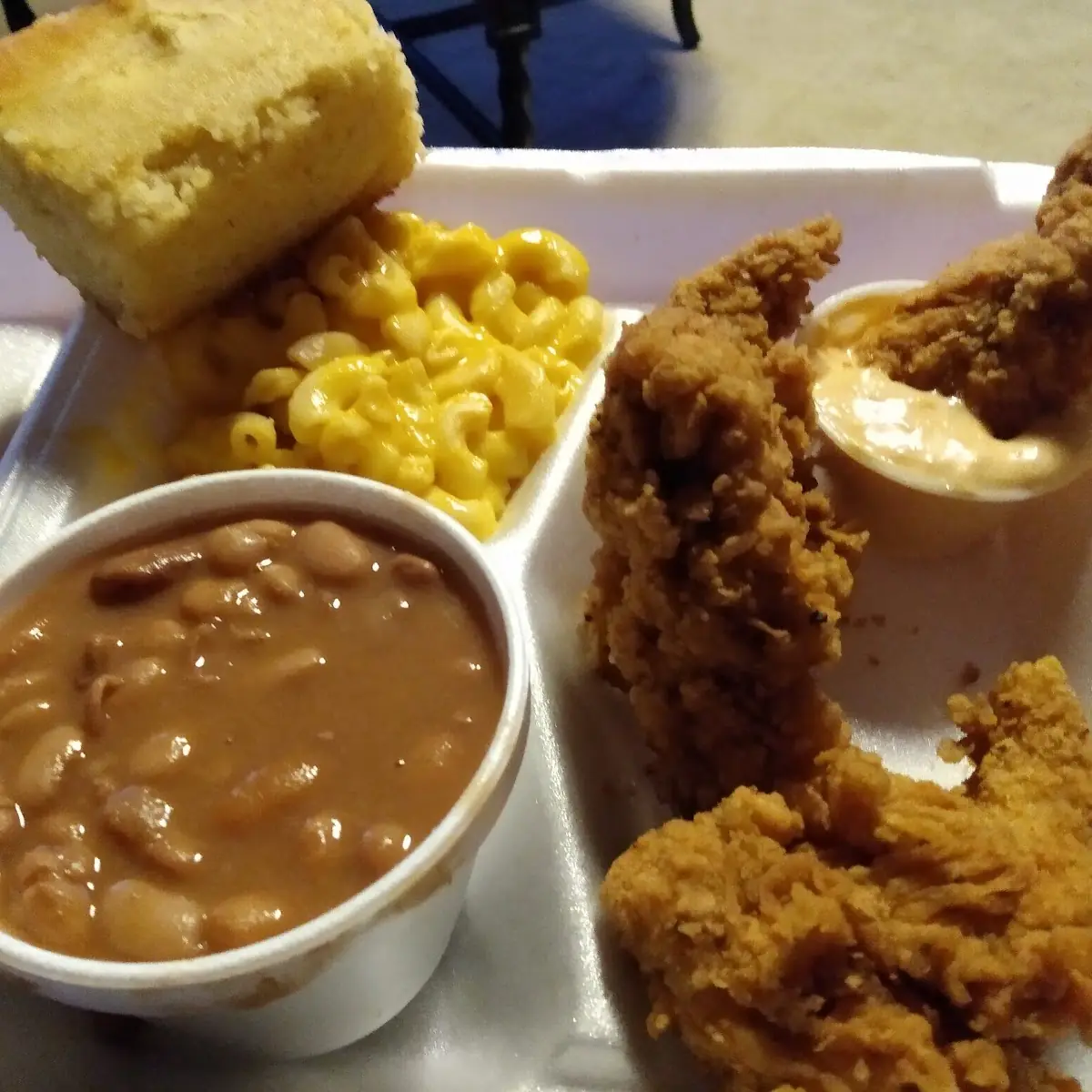 Chicken Fingers and Pinto Beans and Macaroni and Corn Bread