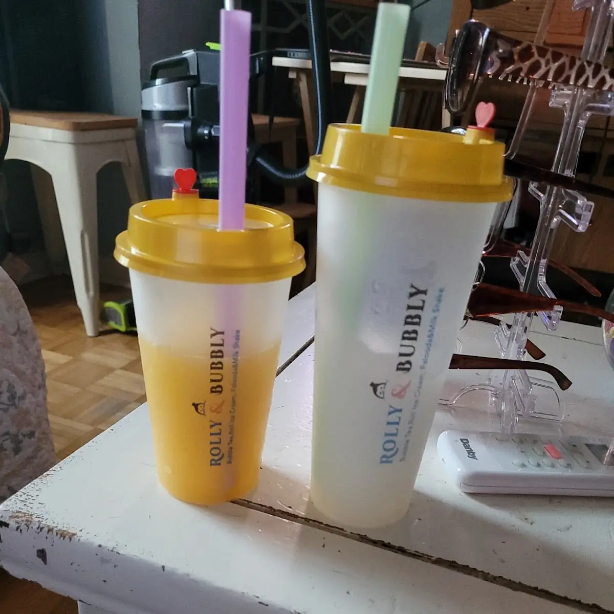 Regular Size Peach Slushie and Large Size Lychee Slushie with Lychee Jelly Pieces