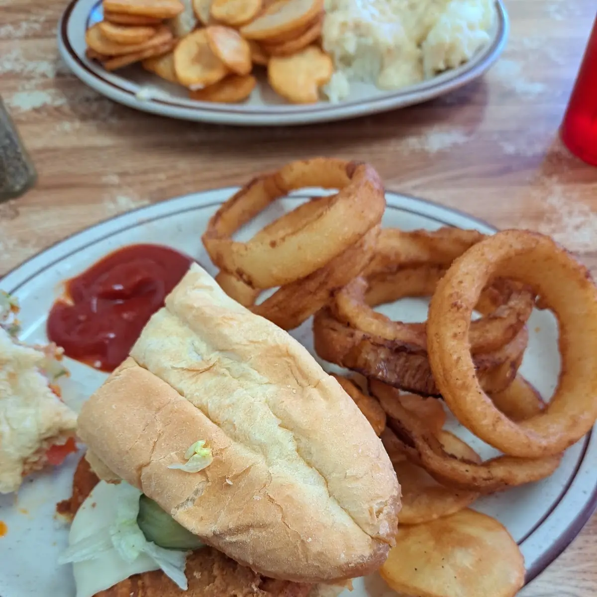 Buffalo Chicken Sandwich and Hand Battered Onion Rings