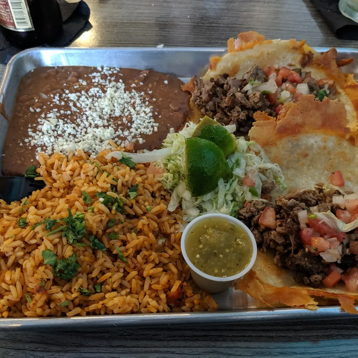 Carne Asada Taco Refried Beans and Rice