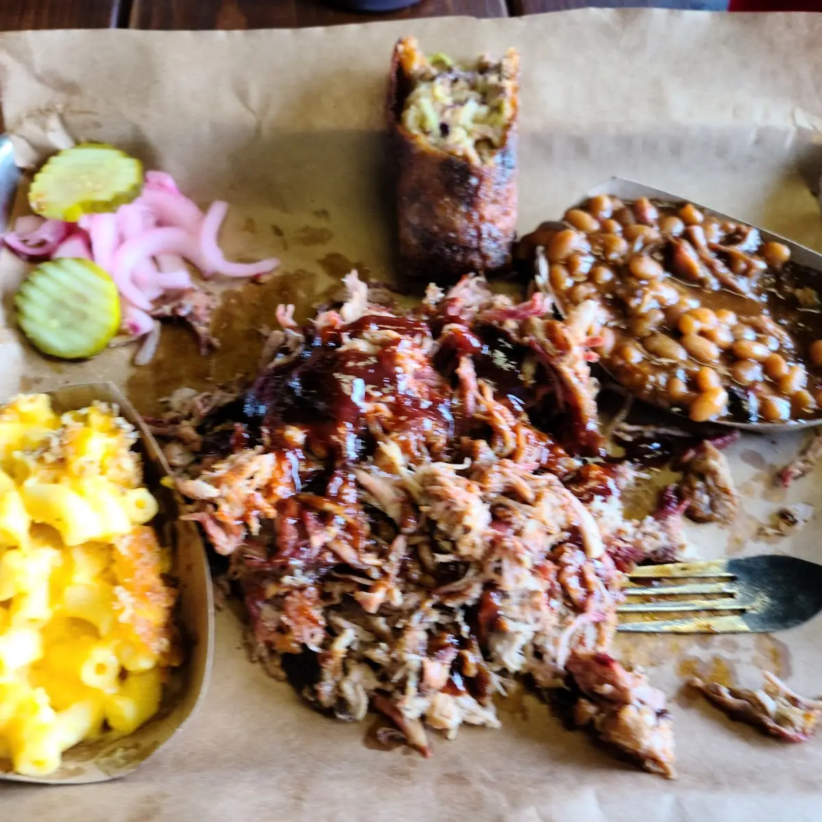 Pulled Pork Platter with Pit Beans and and Baked Mac and Cheese