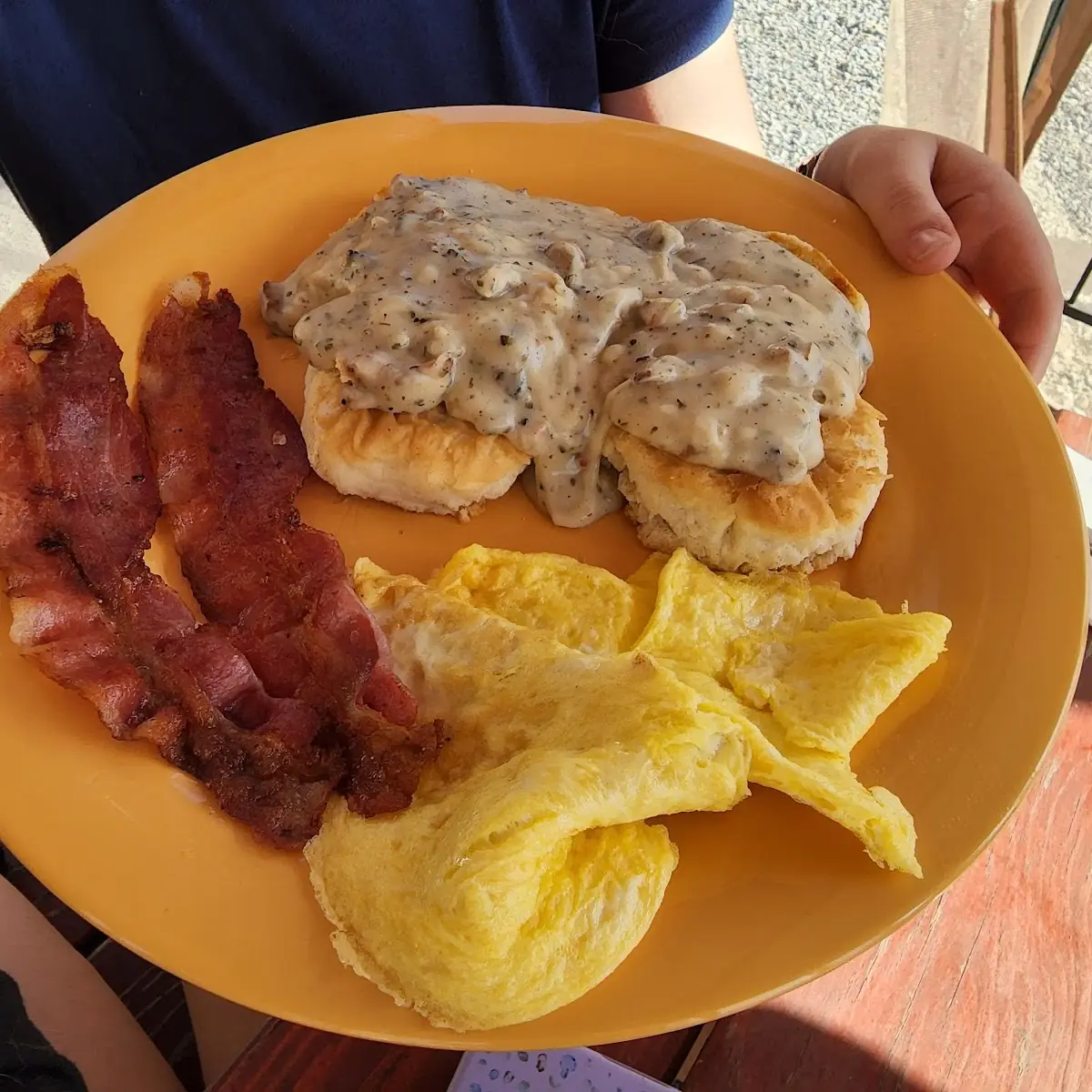 Biscuits and Gravy with Bacon and Scrambled Eggs