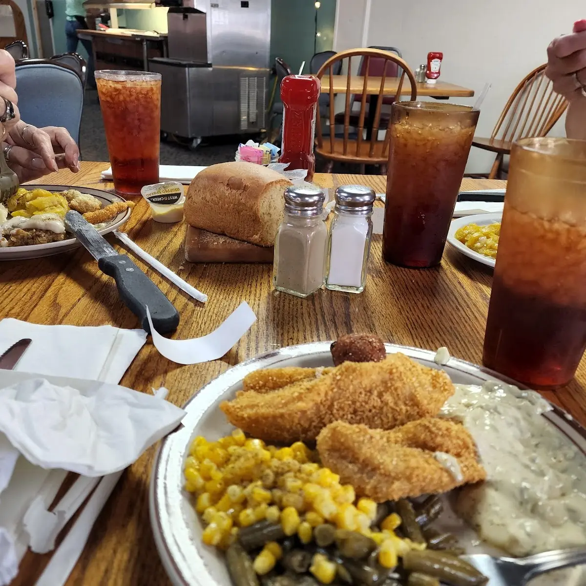 Buffet Plate with Fried Chicken Mac and Cheese Corn Okra Potatoes and Beans