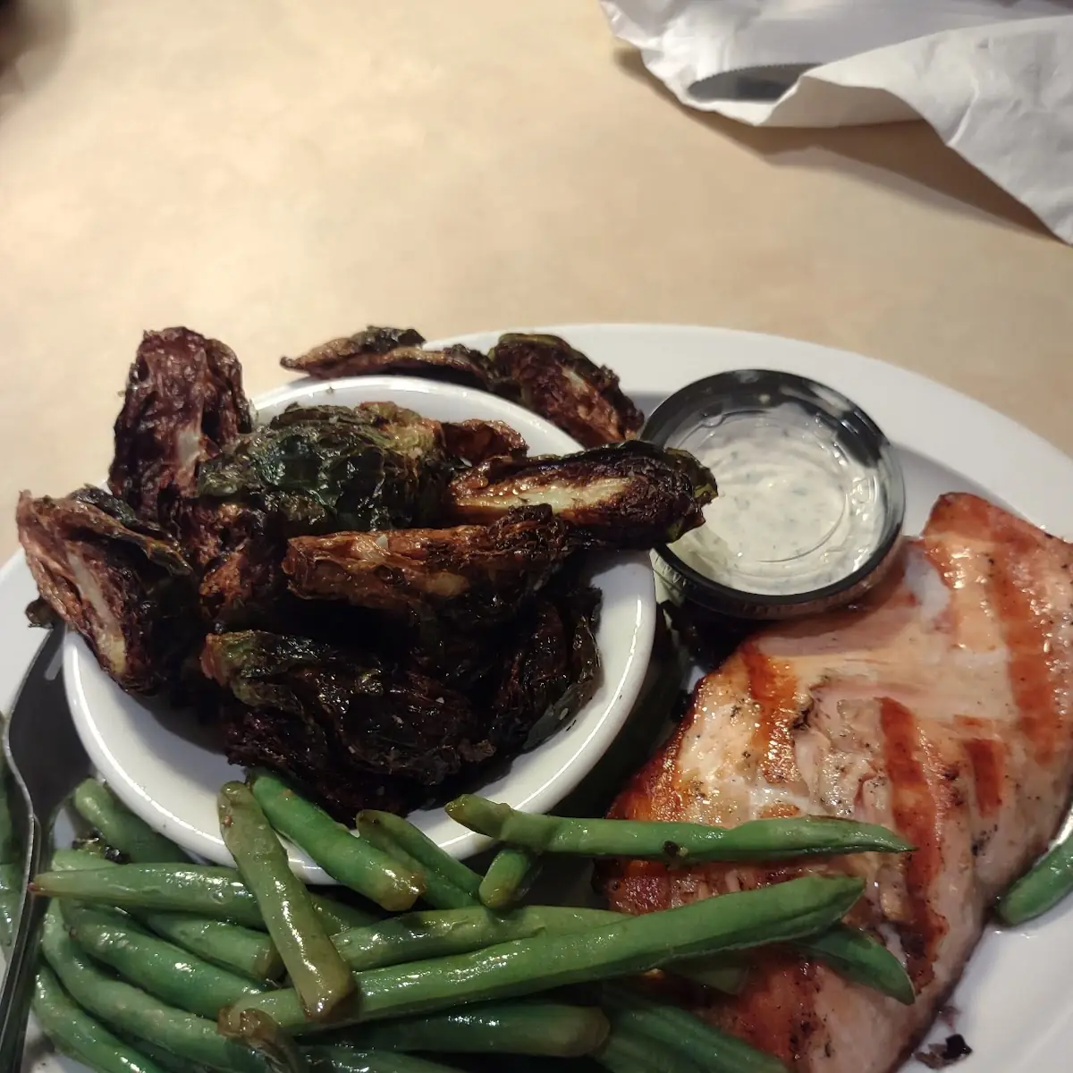 Salmon with Green Beans and Fried Brussels Sprouts