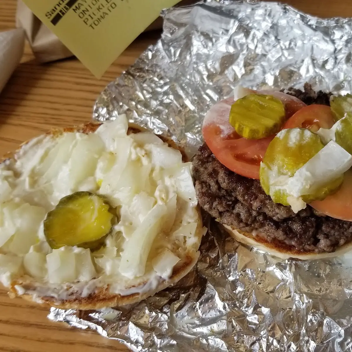 Double with Extra Mayo Extra Raw Onions and Extra Tomatoes and Pickle