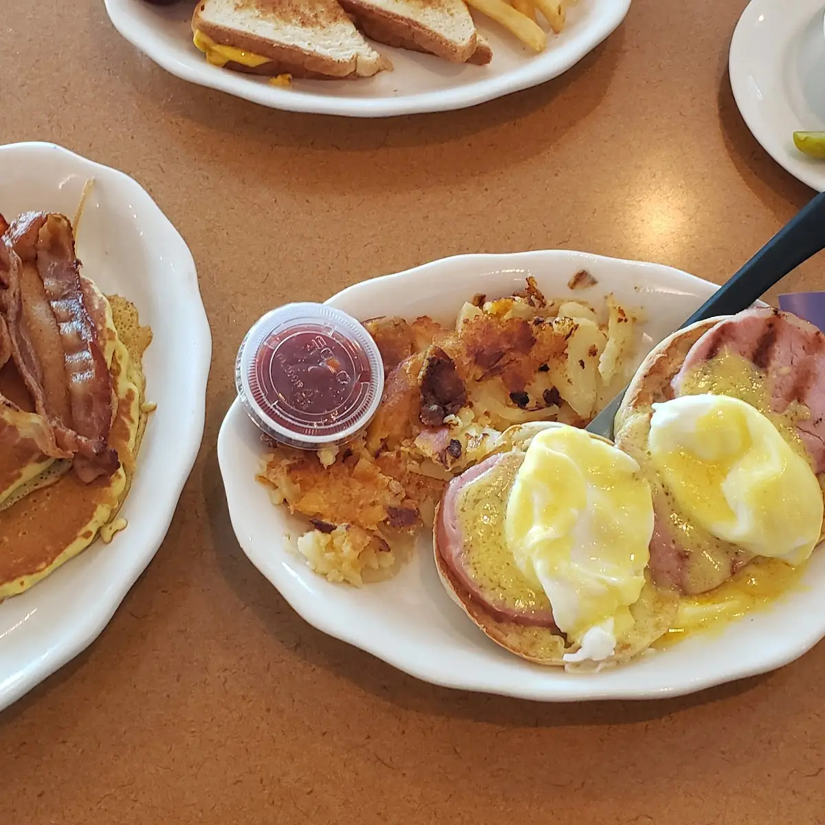 Short Stack of Pancakes 2 Pancakes w Bacon Eggs Benedict
