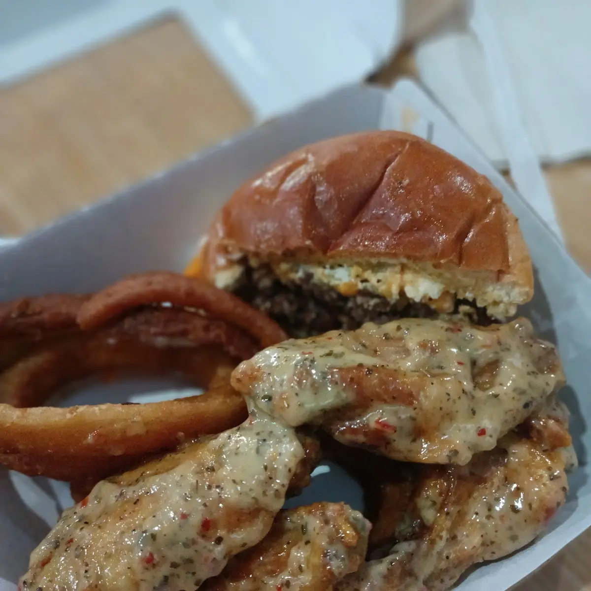 Garlic Parmesan Wings and Blue Cheese Burger