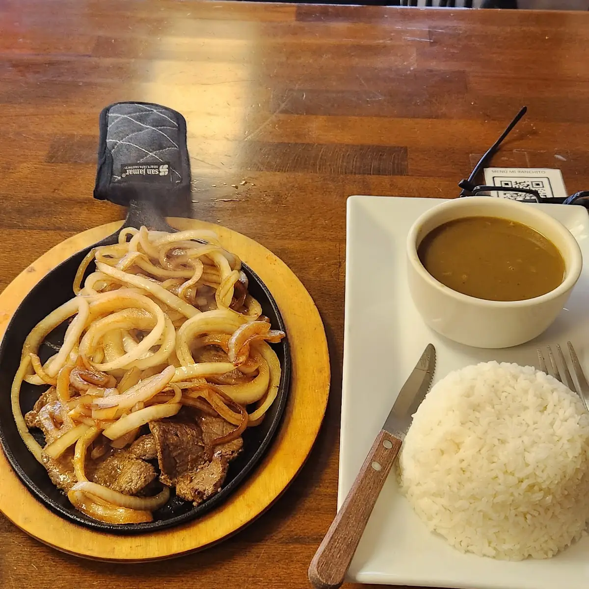 Steak and Onion with White Rice and Beans