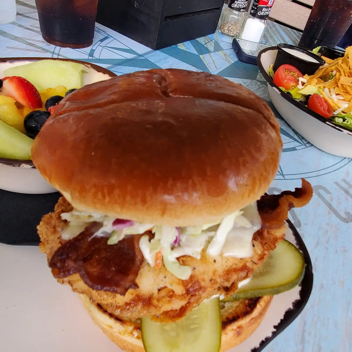 Fried Chicken Sandwich with Side of Fruit