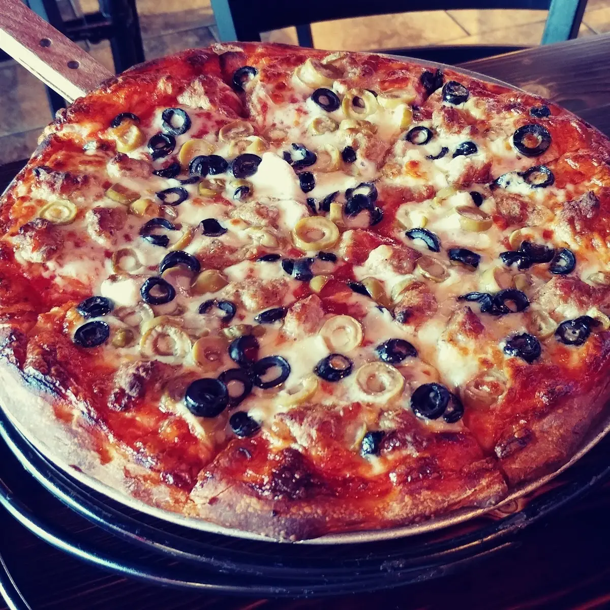 Small Black Olive Green Olive Sausage Pizza