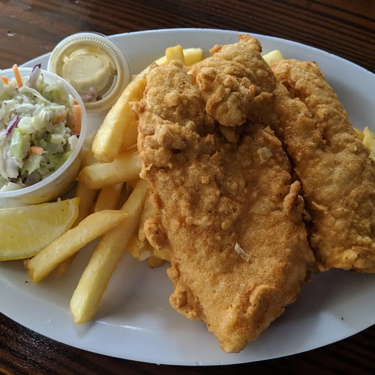Beer Battered Fish and Chips with Cole Slaw