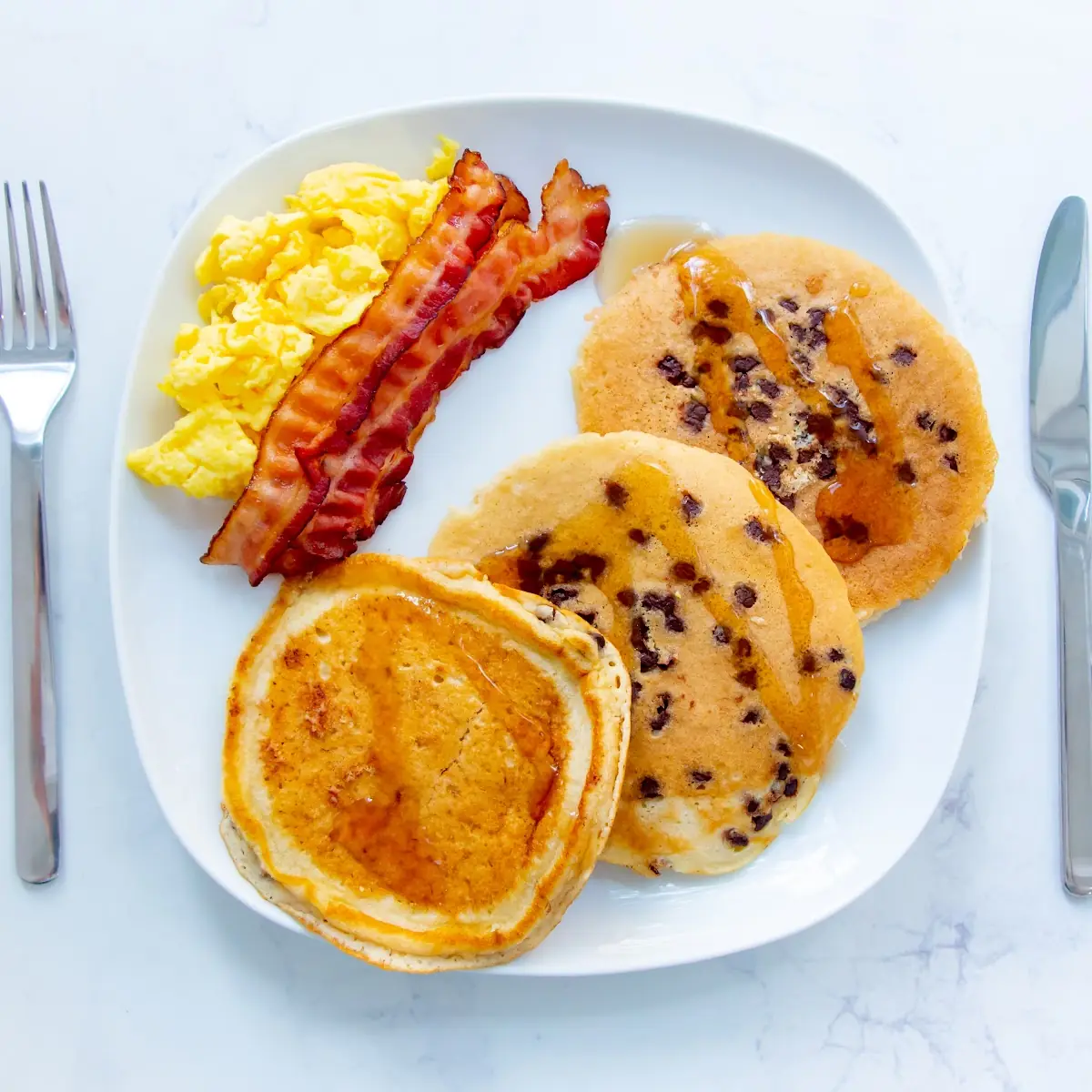 Ideal Protein Breakfast with Bacon Scrambled Eggs and Protein Pancakes