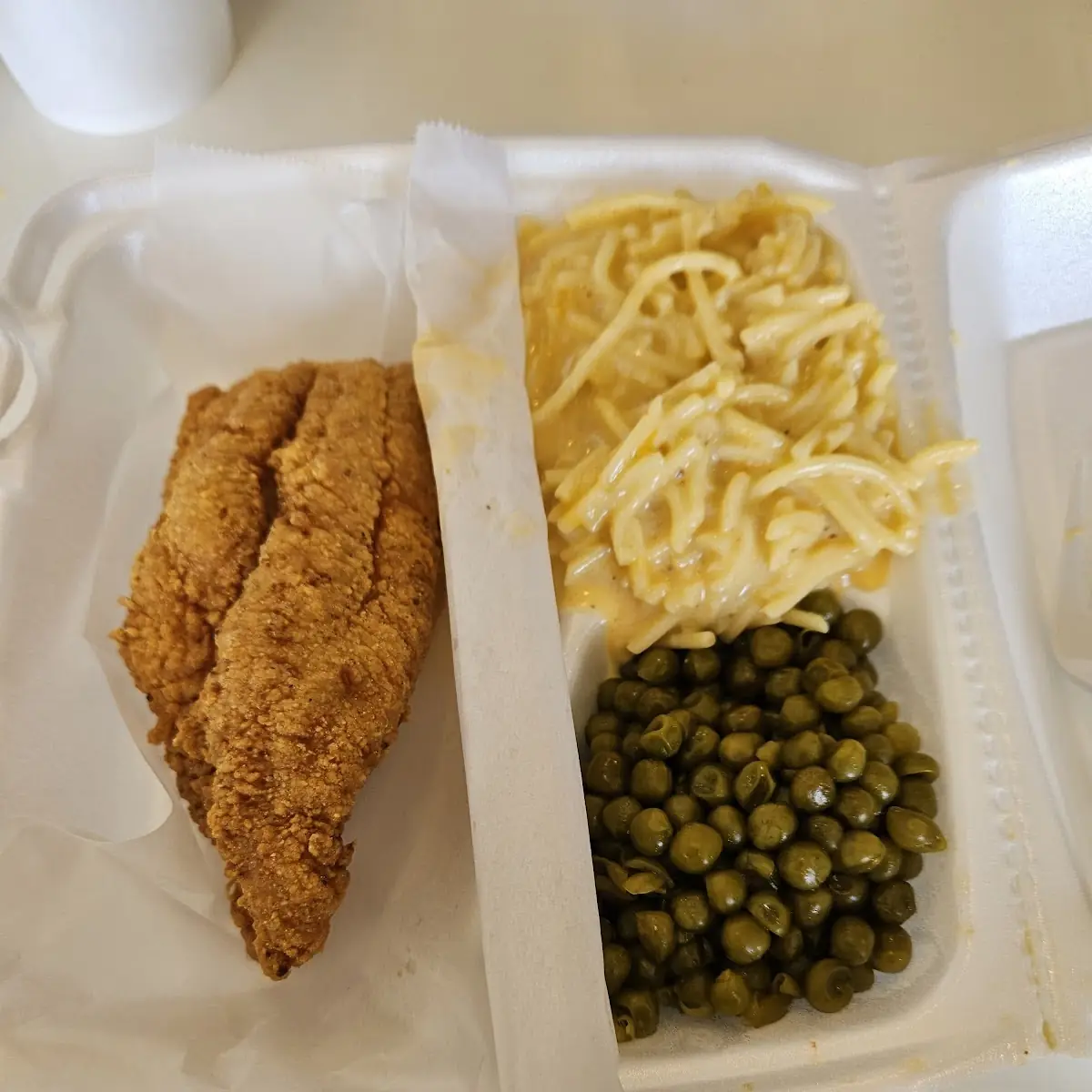 Catfish with Mac-N-Cheese and Sweet Peas
