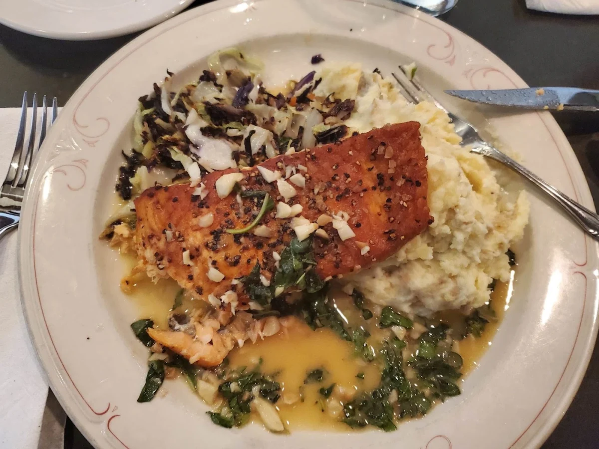 Seared Salmon with Cabbage and Smashed Potatoes