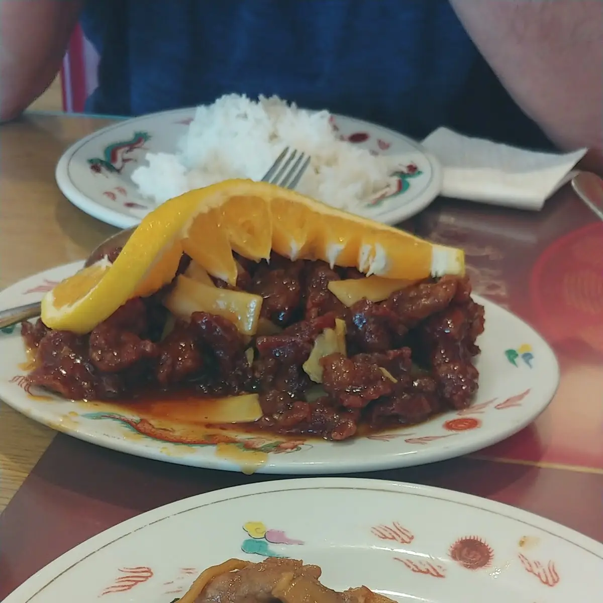 Beef Lomein in Front Orange Beef in Back