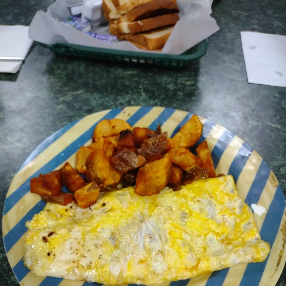 Bacon and Cheese Omelette with Hash Brown Potatoes