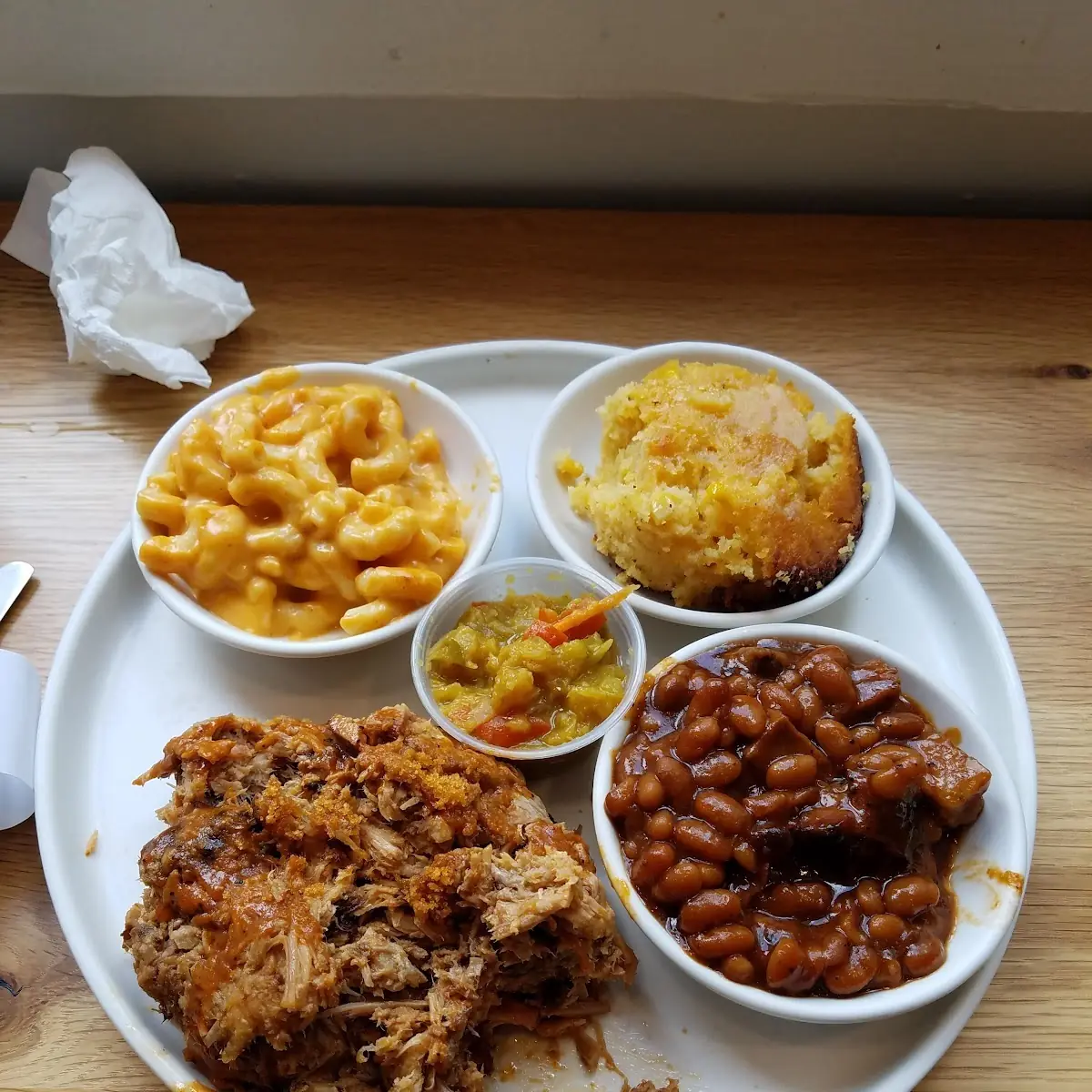 Whole Hawg w Beans Macaroni and Cheese and Corn Pudding