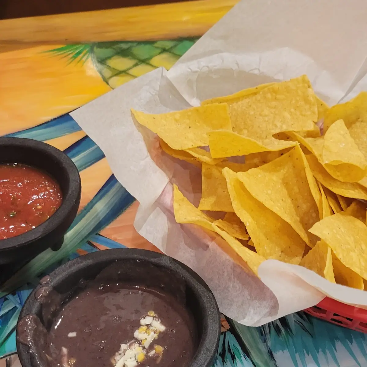 Chips Salsa and Refried Beans