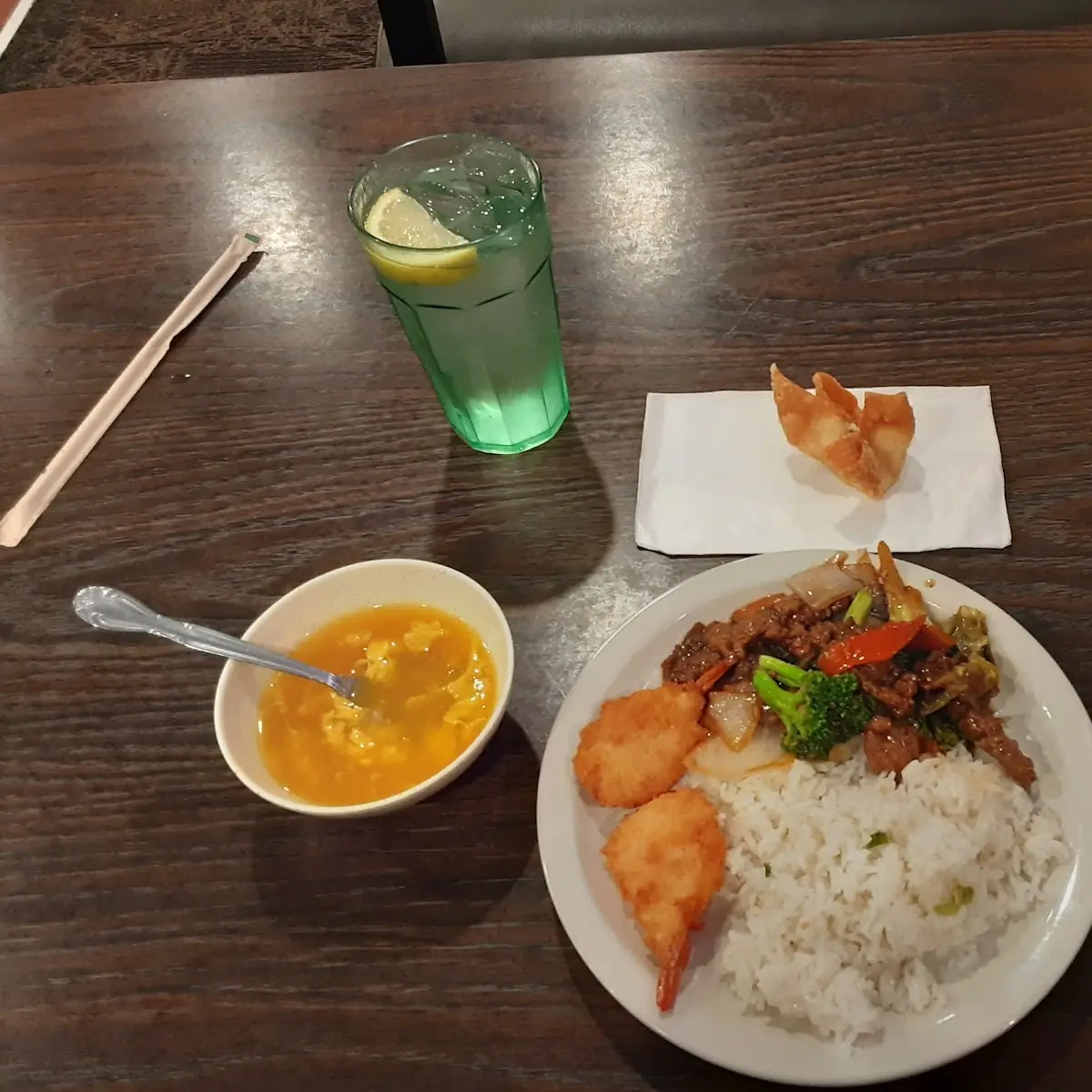 Egg Drop Soup Broccoli and Beef and Butter Fly Shrimp