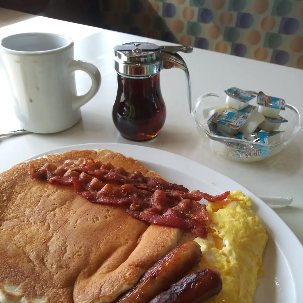 Pancakes Bacon Sausage Eggs with Cheese