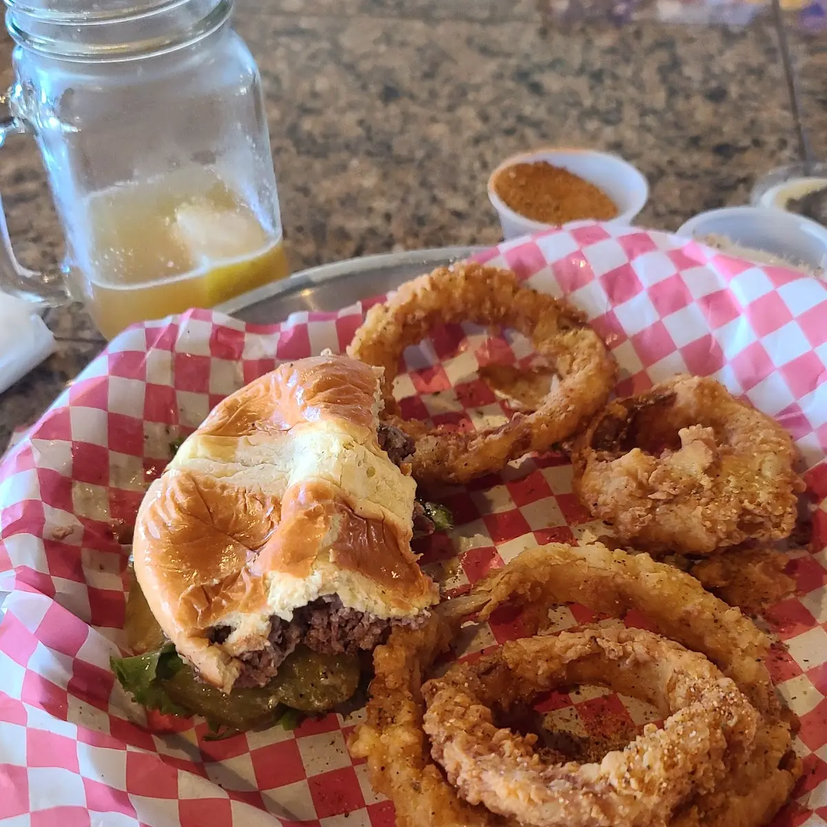 Blue Cheese Bacon Cheeseburger & Onion Rings w Blue Moon