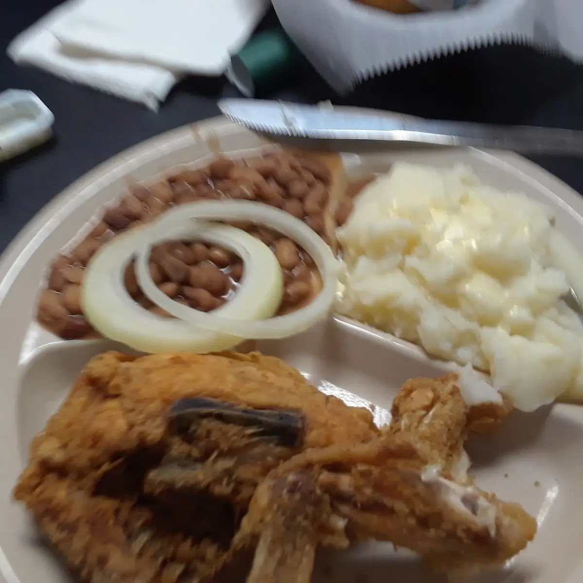 Fried Chicken Mashed Potatoes and Black Eyed Peas