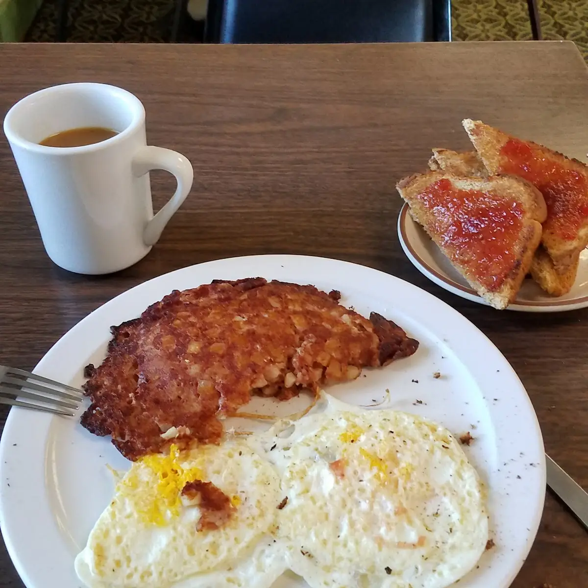 2 Eggs Hard Corn Beef Hash Toast and Coffee