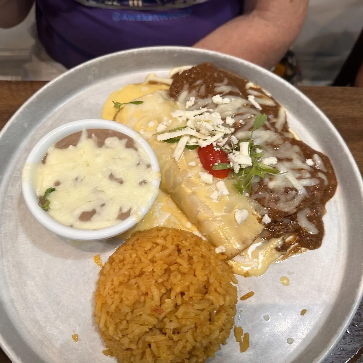 Beef and Cheese Enchiladas with Rice and Beans
