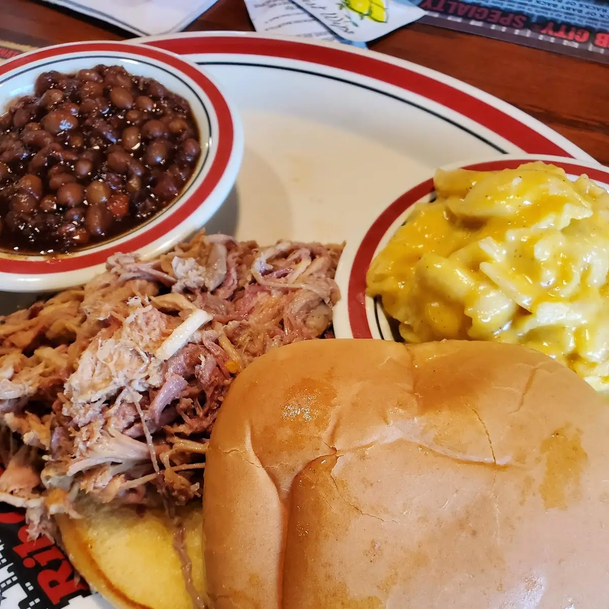 Pulled Pork Sandwich Mac Cheese and Baked Beans