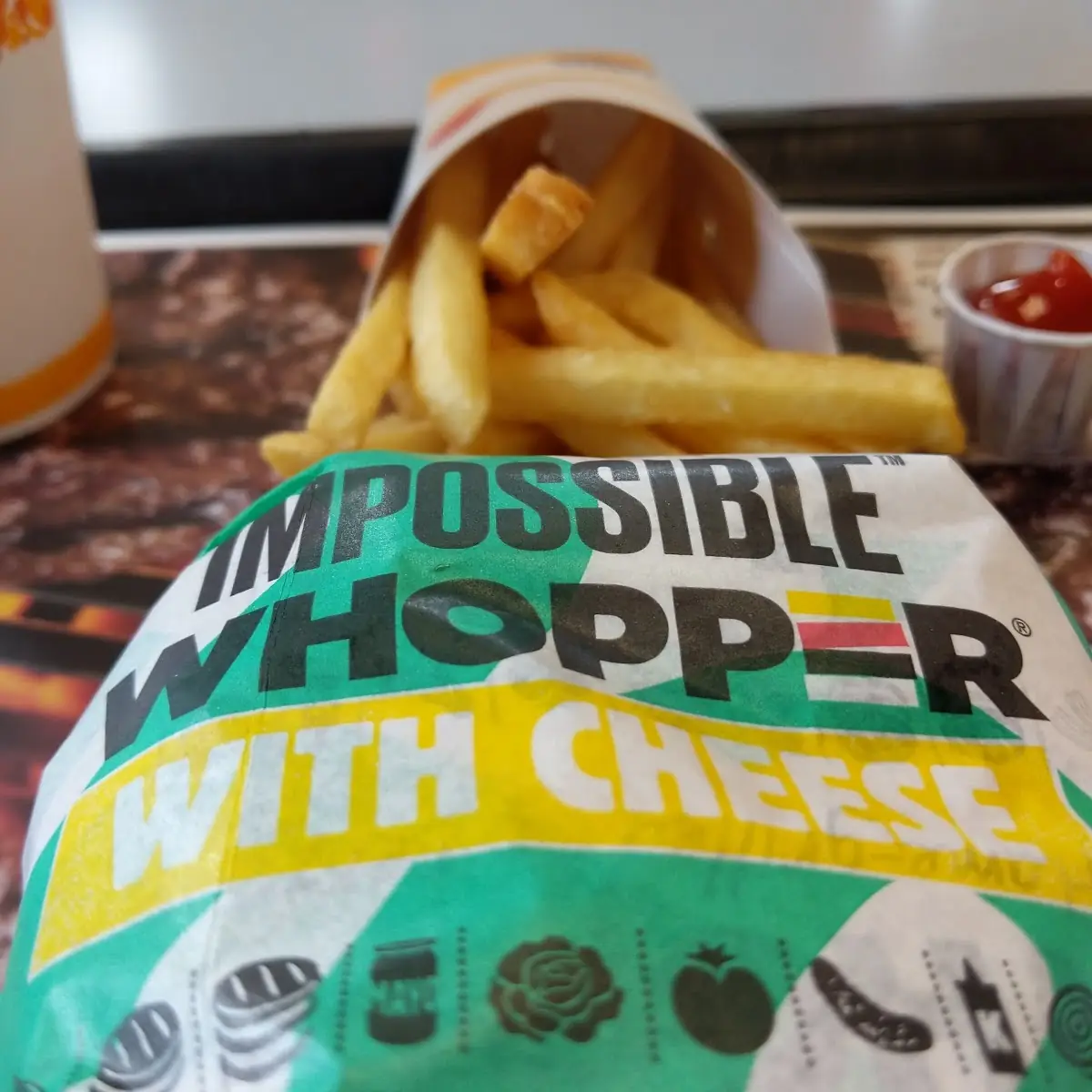 Impossible Burger and Fries with Cheese
