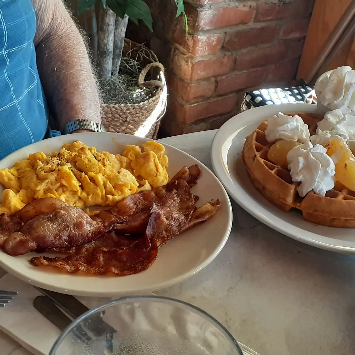 Apple Cinnamon Waffle and Scrambled Eggs with Bacon