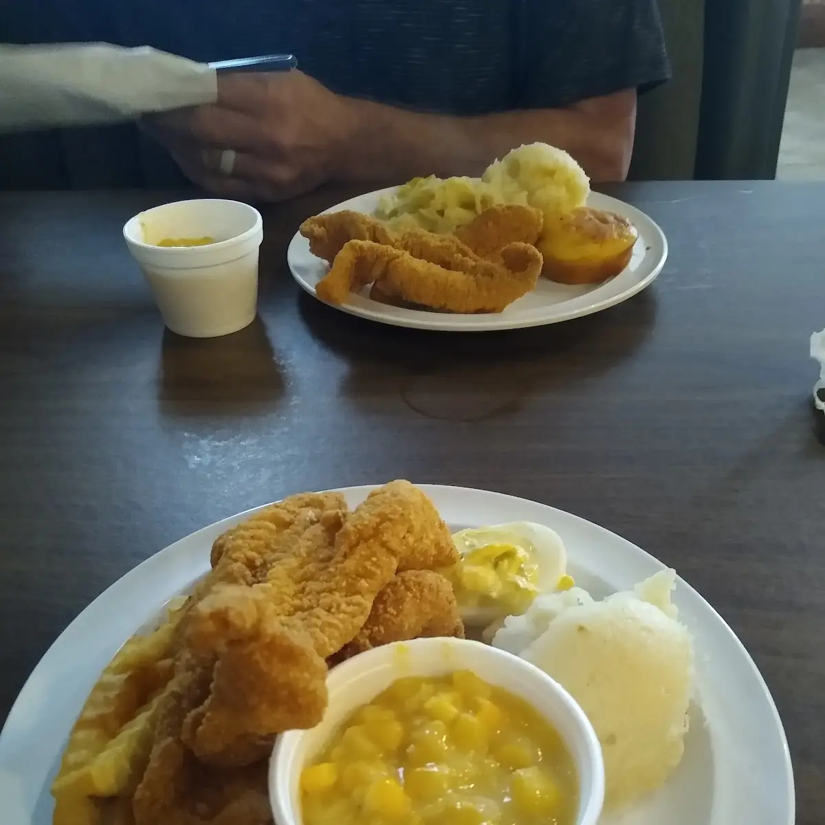 Fried Catfish Corn Mashed Potatoes Deviled Egg & Fries