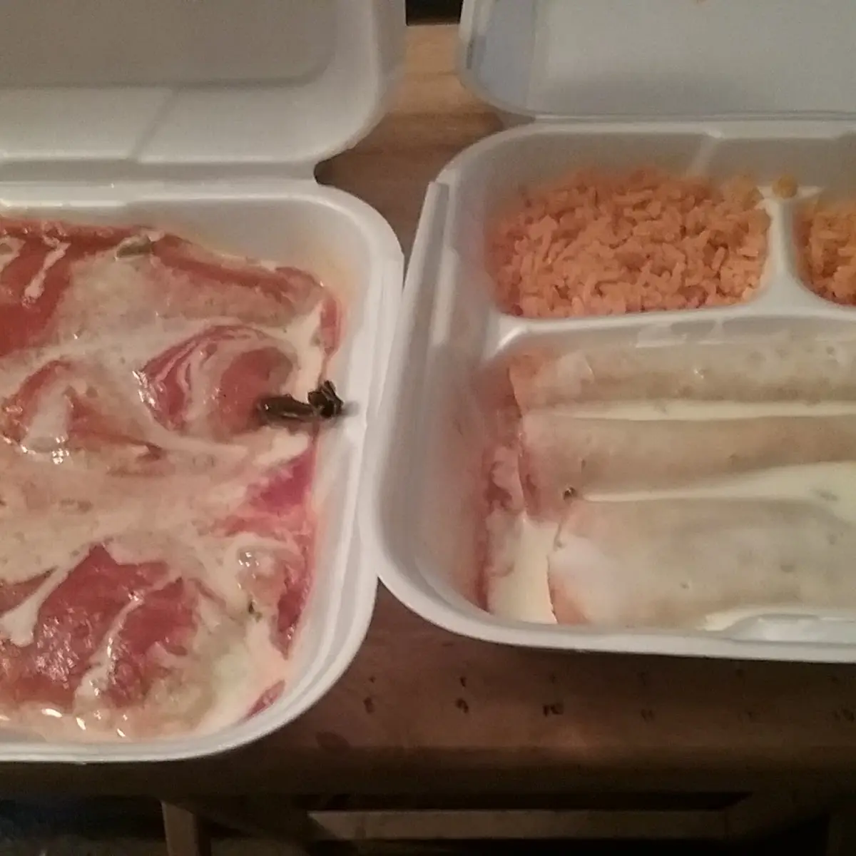 Cheese Chili Relleno on Left Enchiladas Supreme on Right Both Are Take-Out