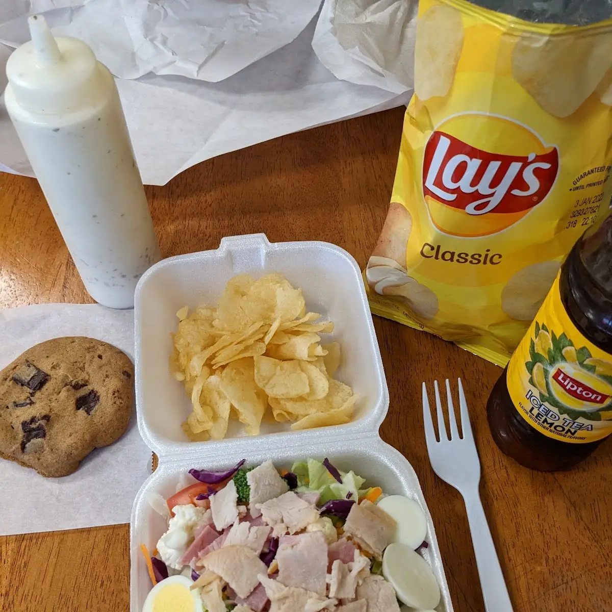 Small Chef Salad Chips and a Chocolate Chip Cookie