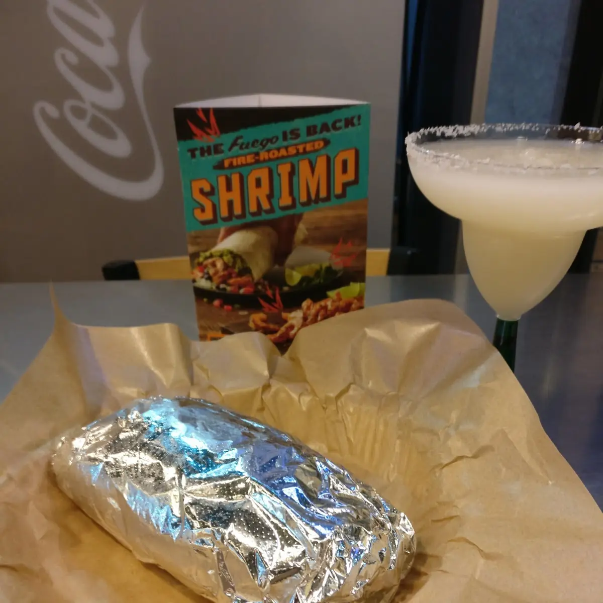 Fire Roasted Shrimp Burrito and Lime Margarita