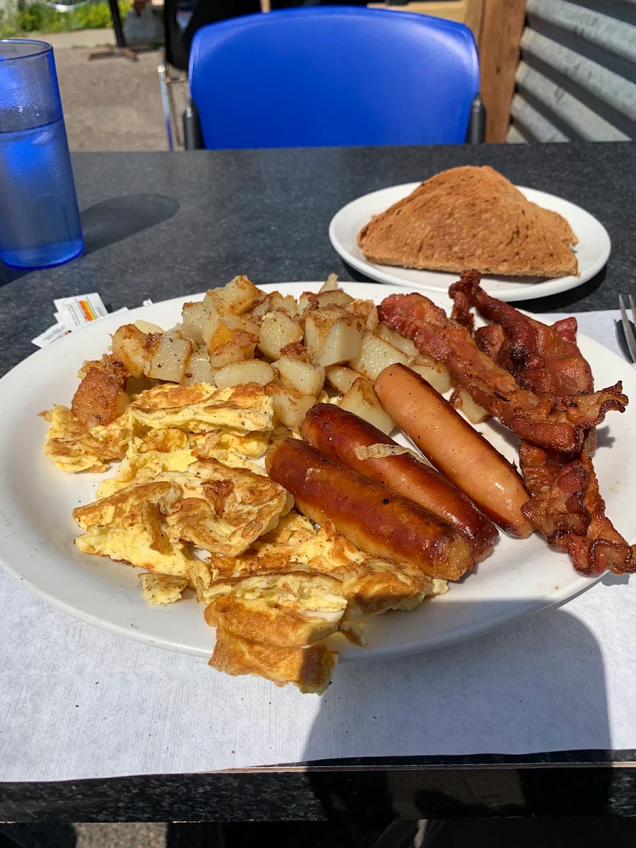 Eggs Bacon Sausage Homefries and Dry Rye