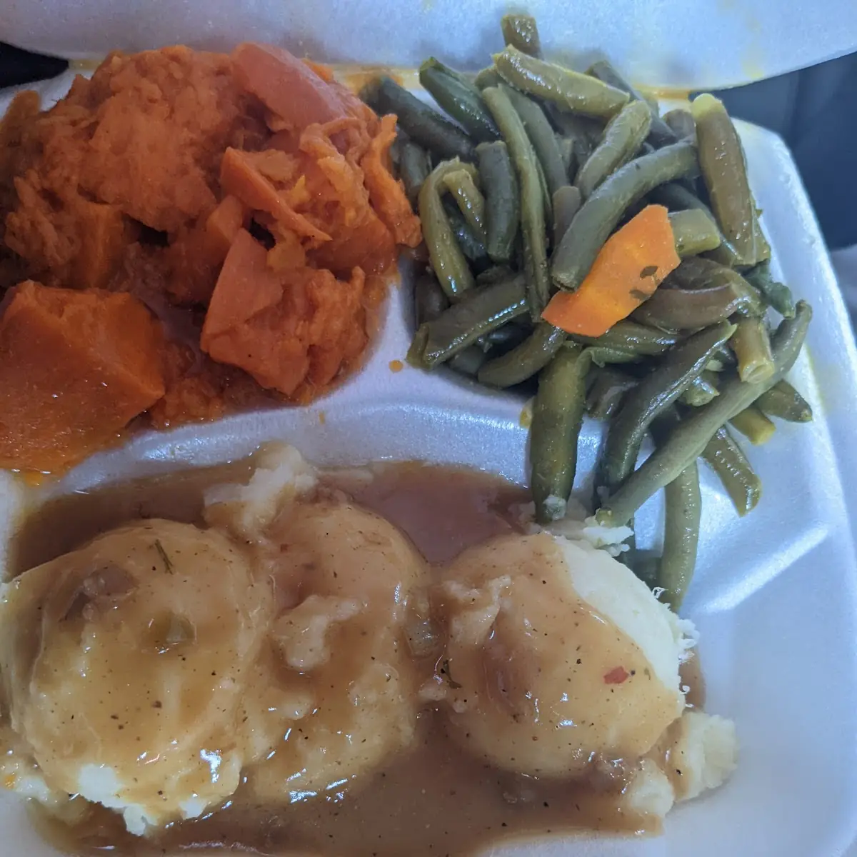 Mashed Potatoes and Gravy Sweet Yams Green Beans