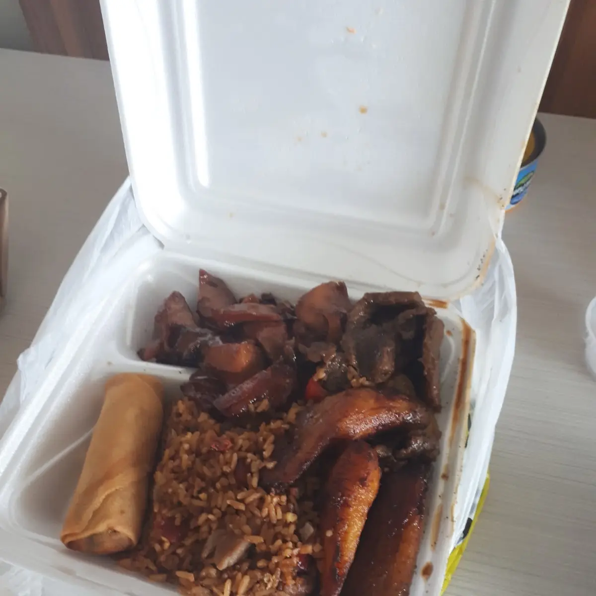 Rice with Fried Plantain Spring Roll and Chicken