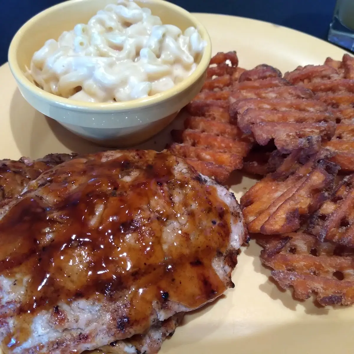 Pork Chop Sweet Potato Potato Fries and Mac and Cheese