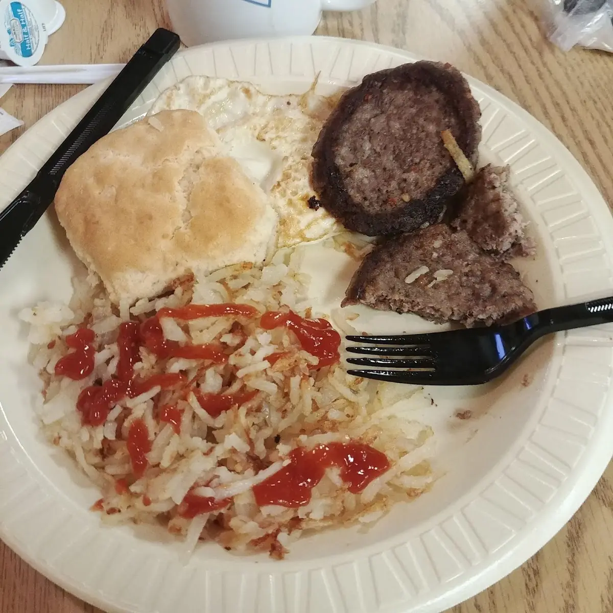 Sausage Patties Eggs over Medium Home Fries
