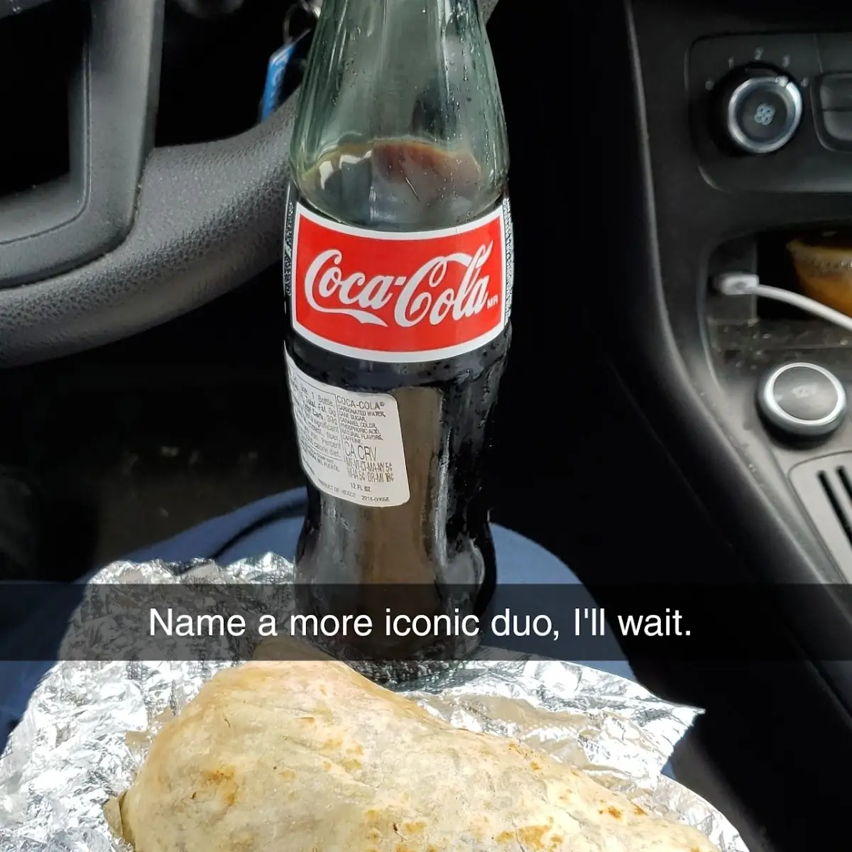 Carne Asada Burrito and Glass Bottle Coca Cola