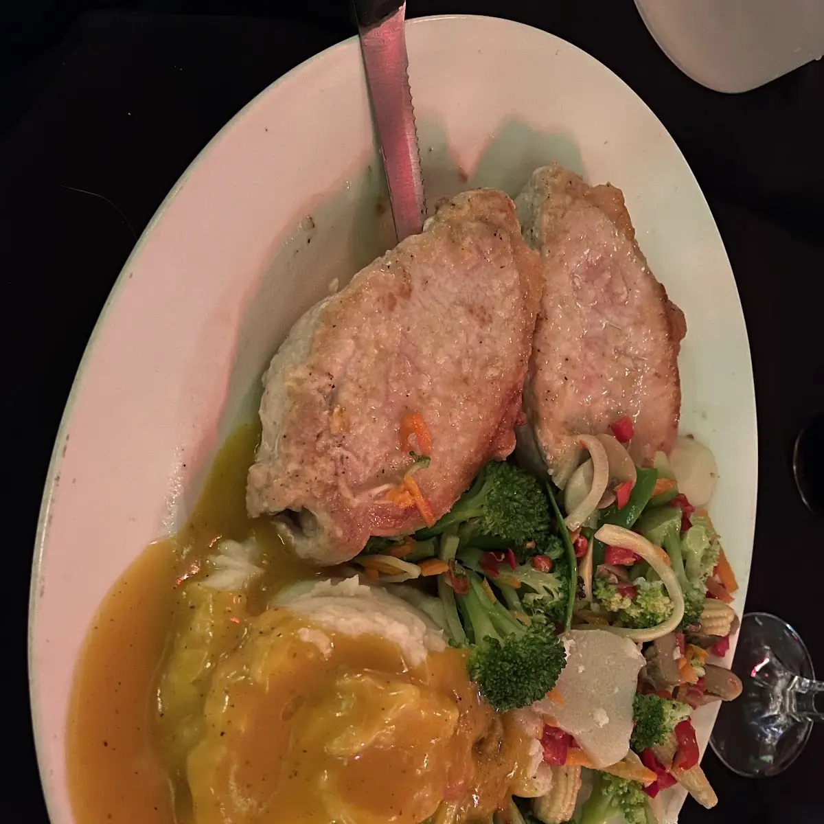 Pork Chops Mashed Potatoes and Gravy Chinese Mixed Vegetables