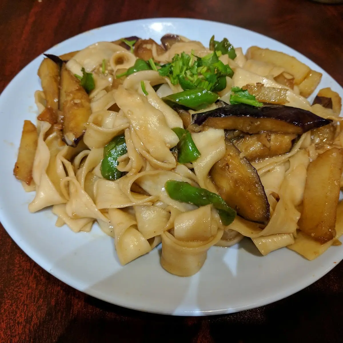Eggplant and Potatoes with Knife Cut Noodles