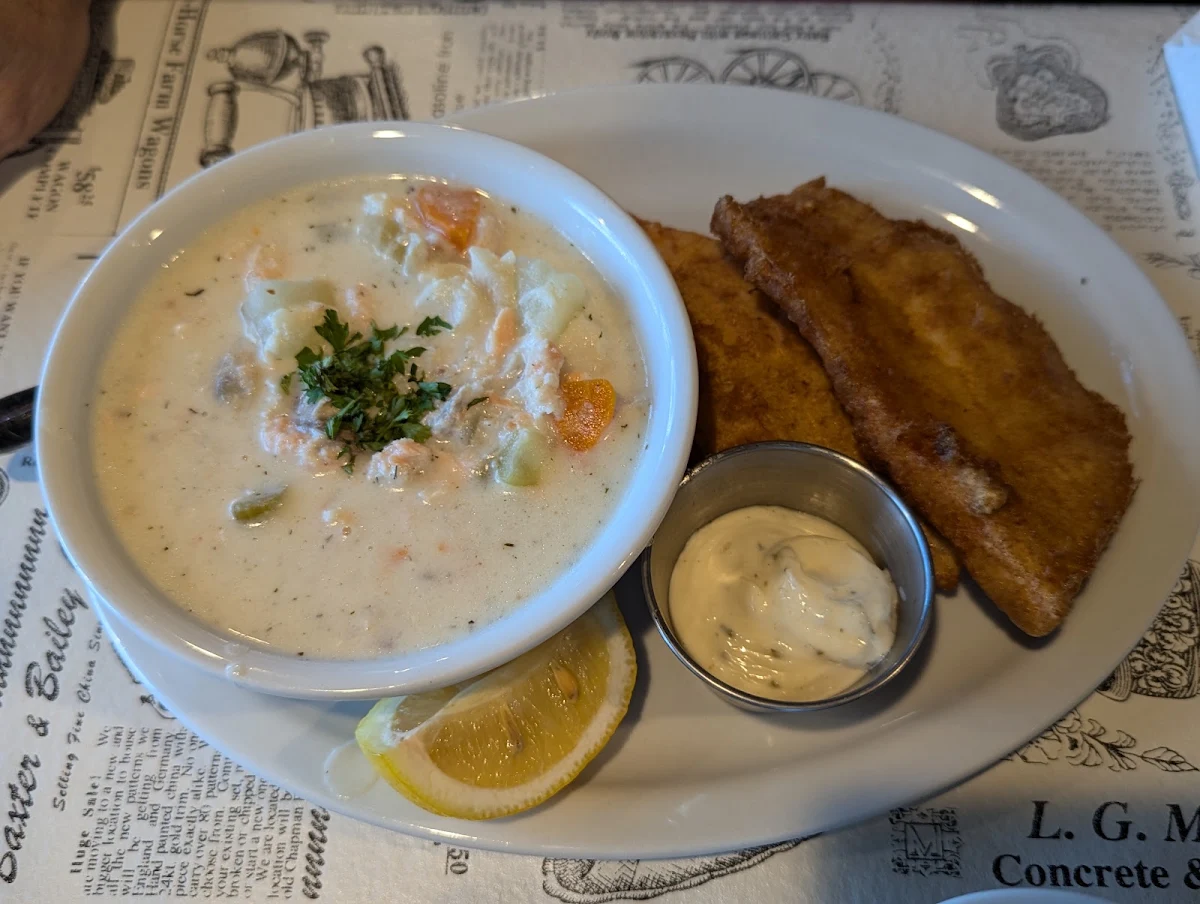 Halibut Fish and Chips with Seafood Chowder, Pelican Pier