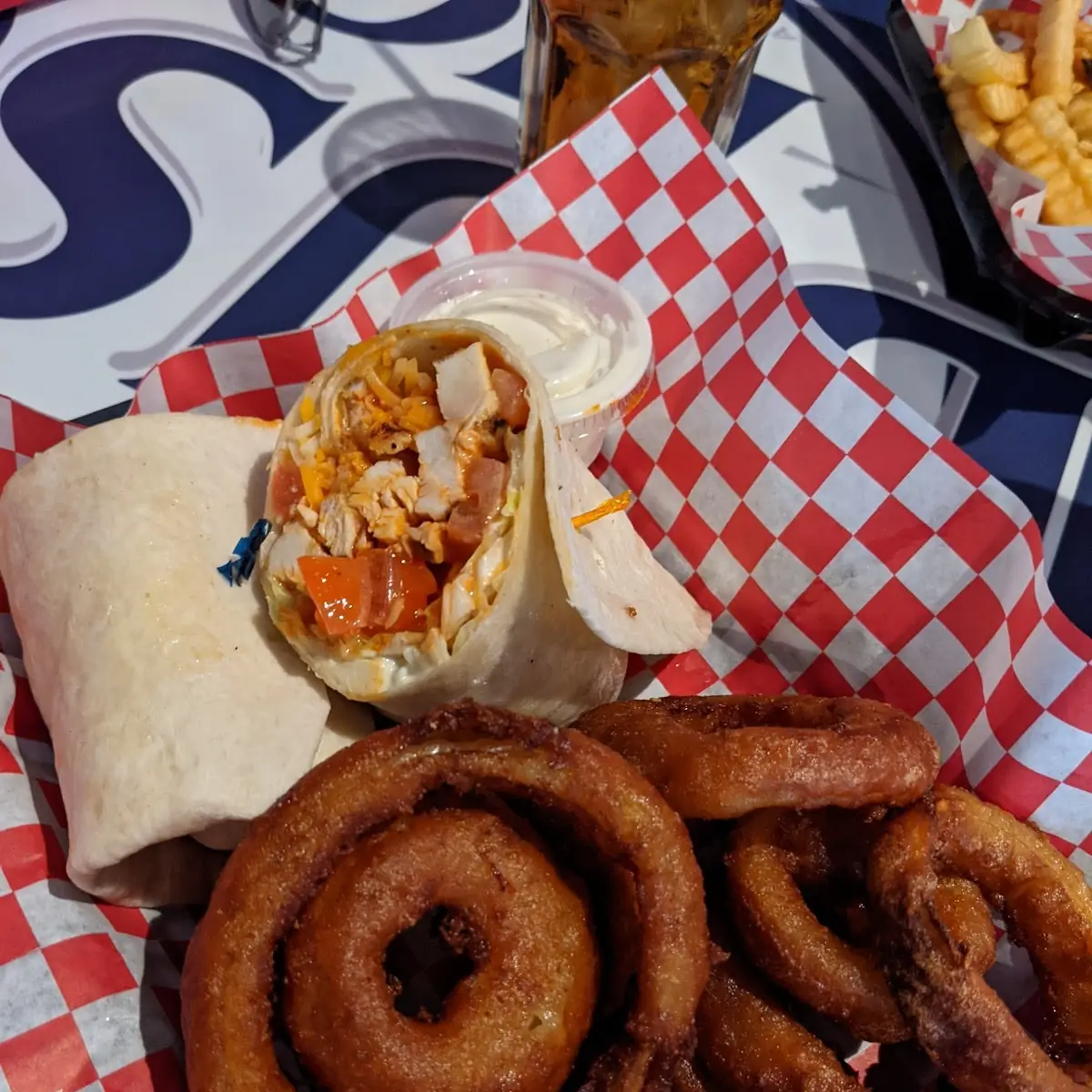 Buffalo Chicken Wrap with Onion Rings